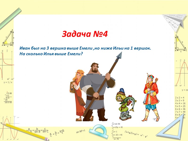 Задача №4  Иван был на 3 вершка выше Емели ,но ниже Ильи на